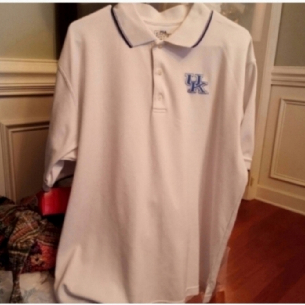 PGA Tour Men's White Polo Shirt W Blue Embroidered UK Logo Quarter Button Sports